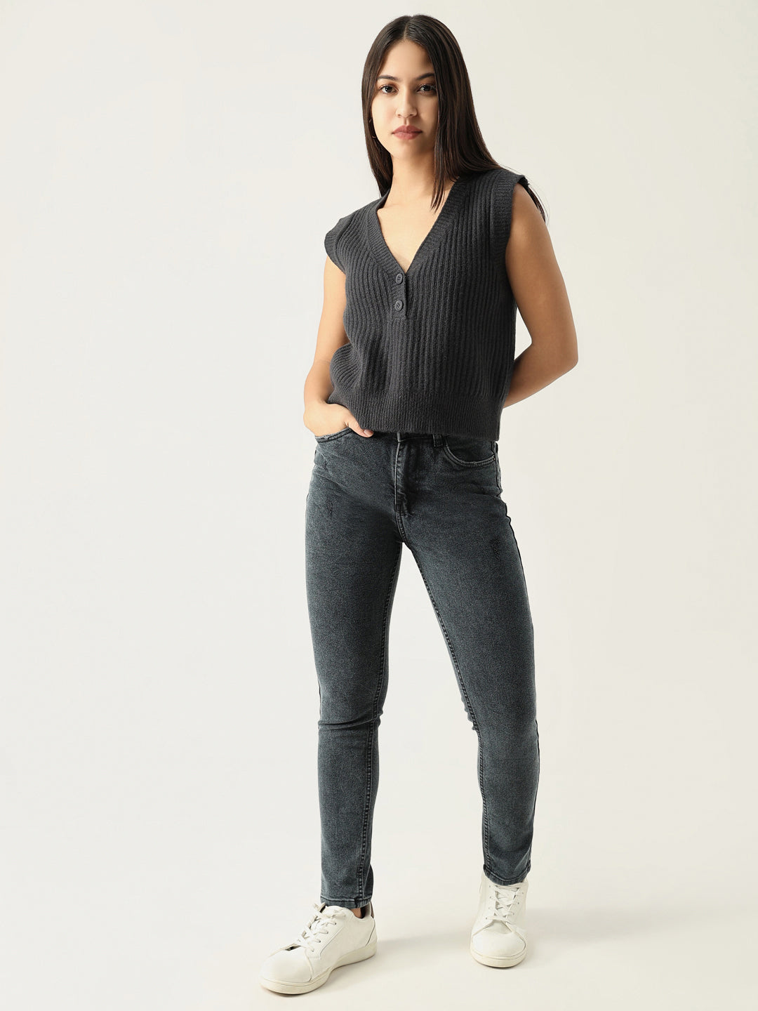 Women's Charcoal Self Design V-Neck Acrylic Top