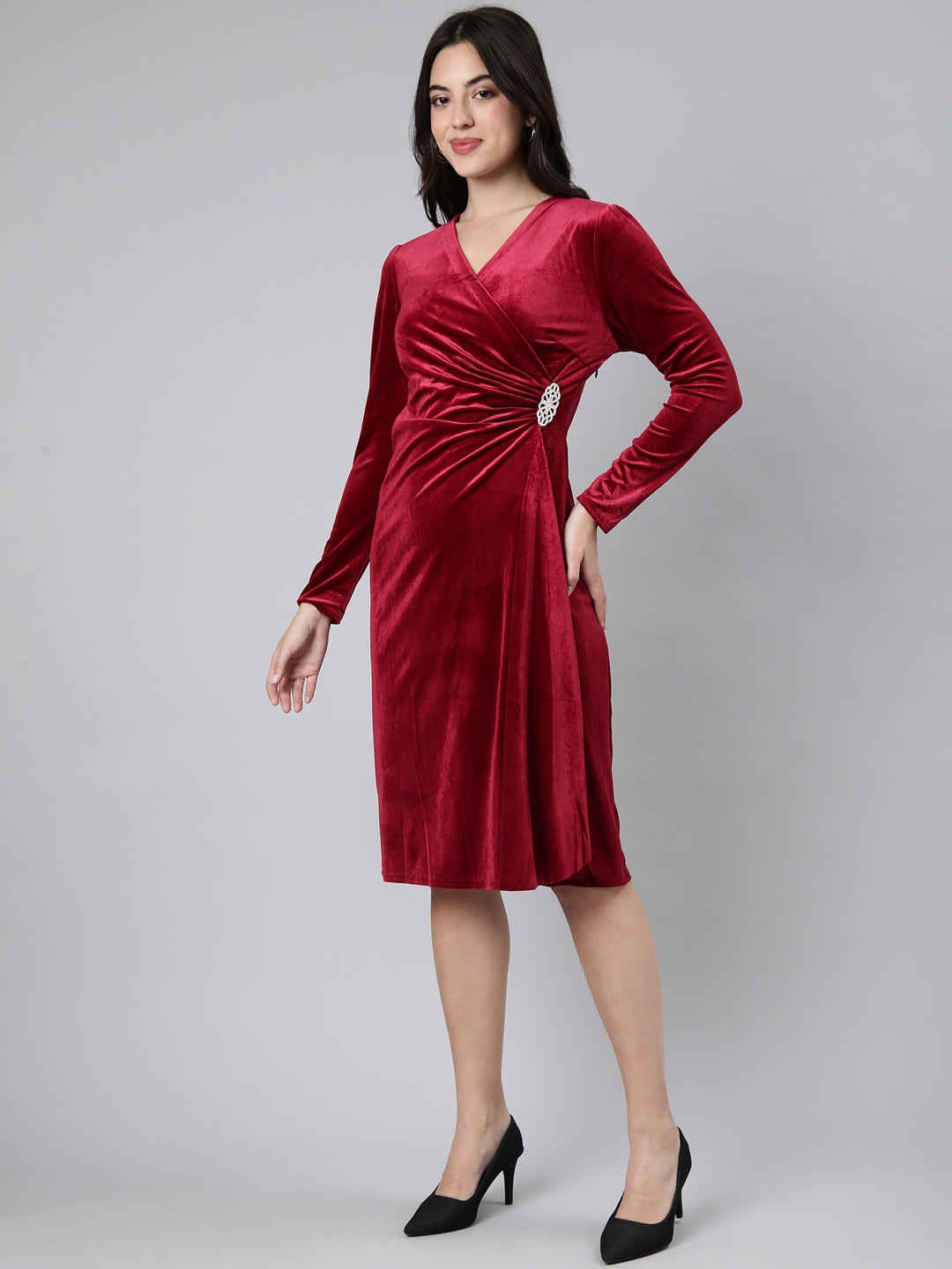 Women's Solid Burgundy A-Line Dress