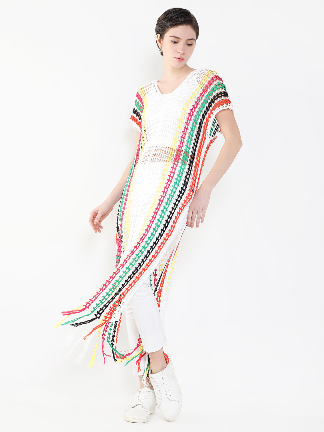 Women's V-Neck White Striped Sheer Longline Top