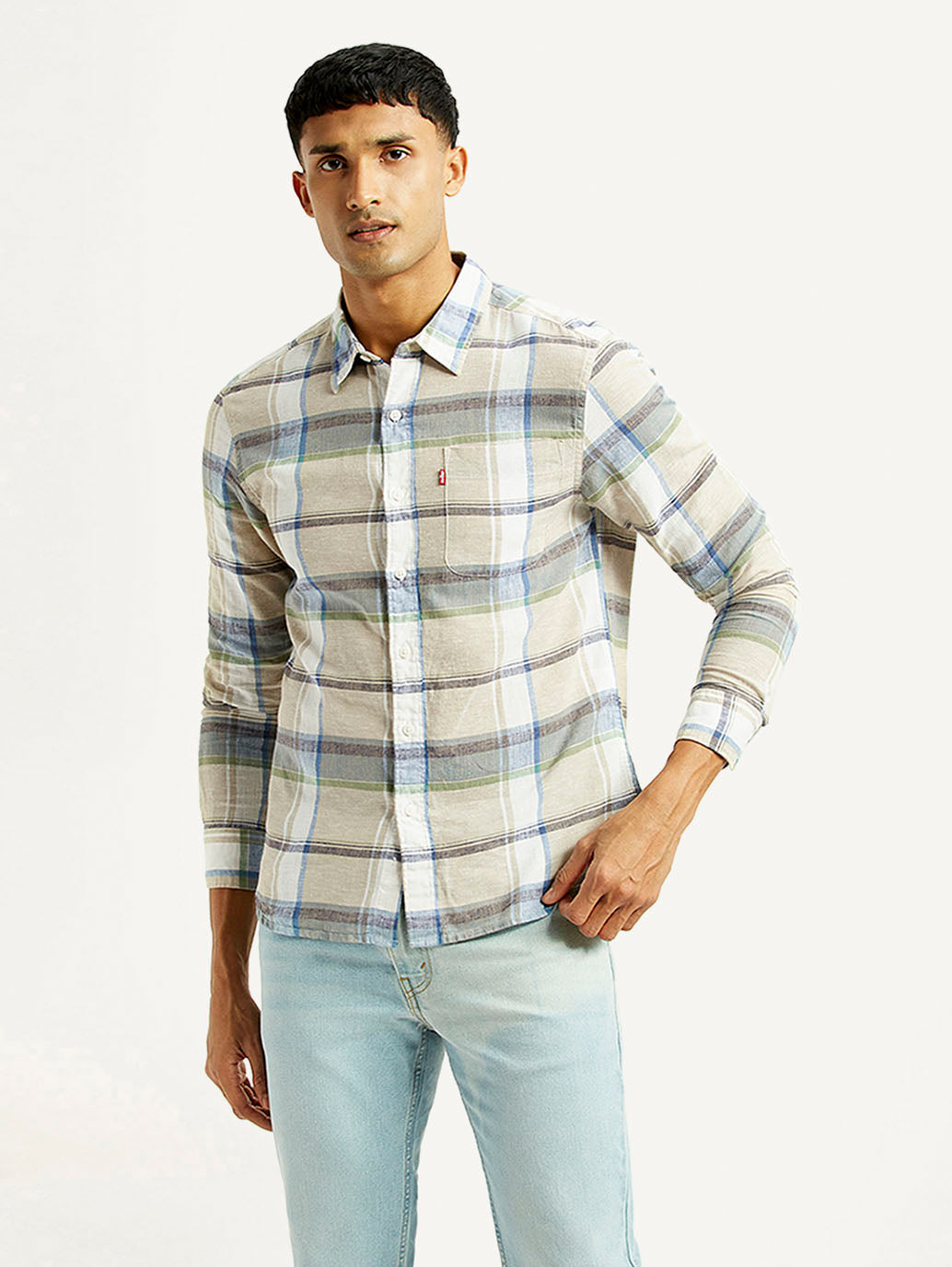 Men's Plaid Slim Fit Linen Shirt