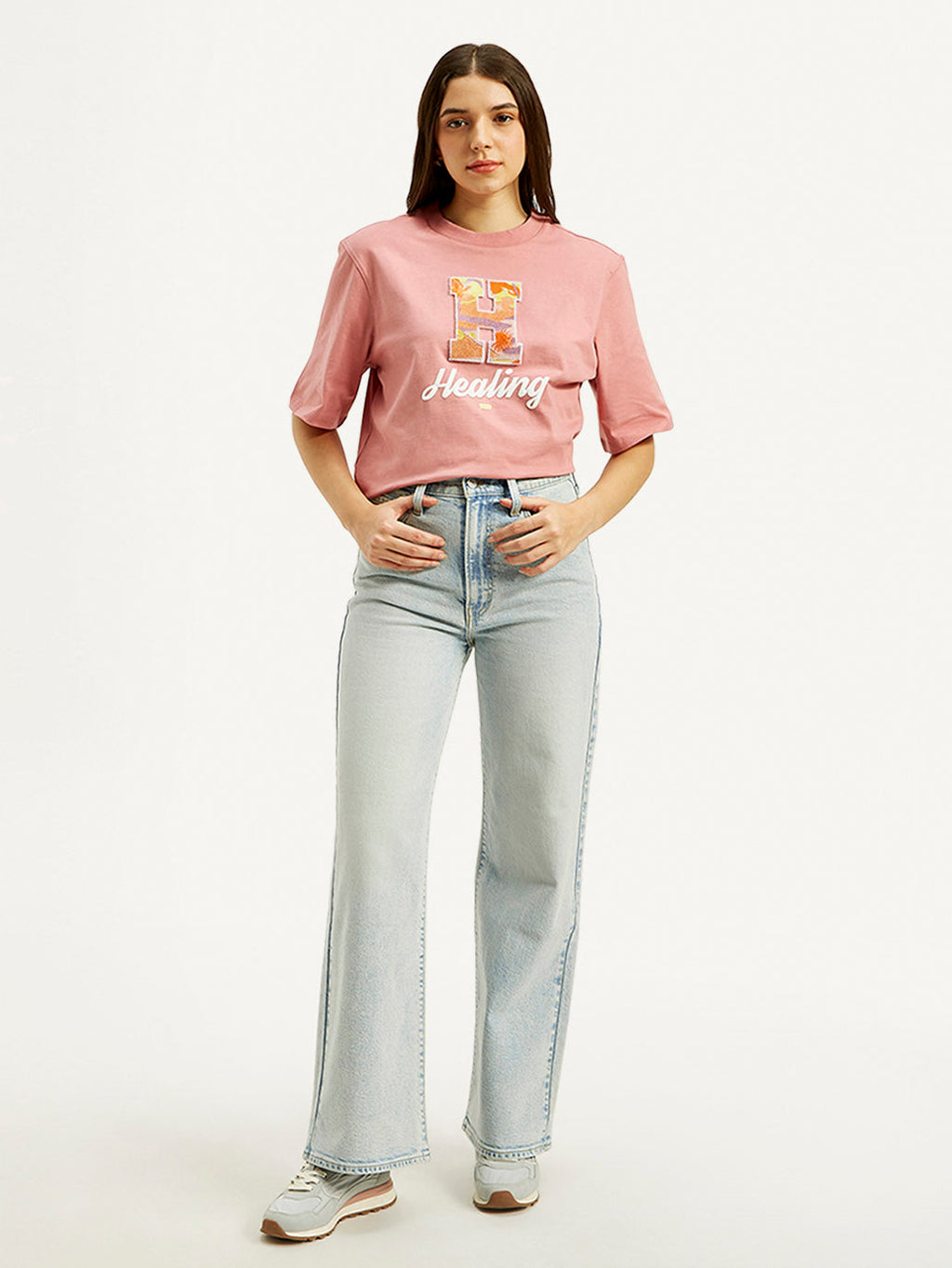 Women's Light Blue Ribcage Bell Bottom Wide Leg Fit High Rise Jeans