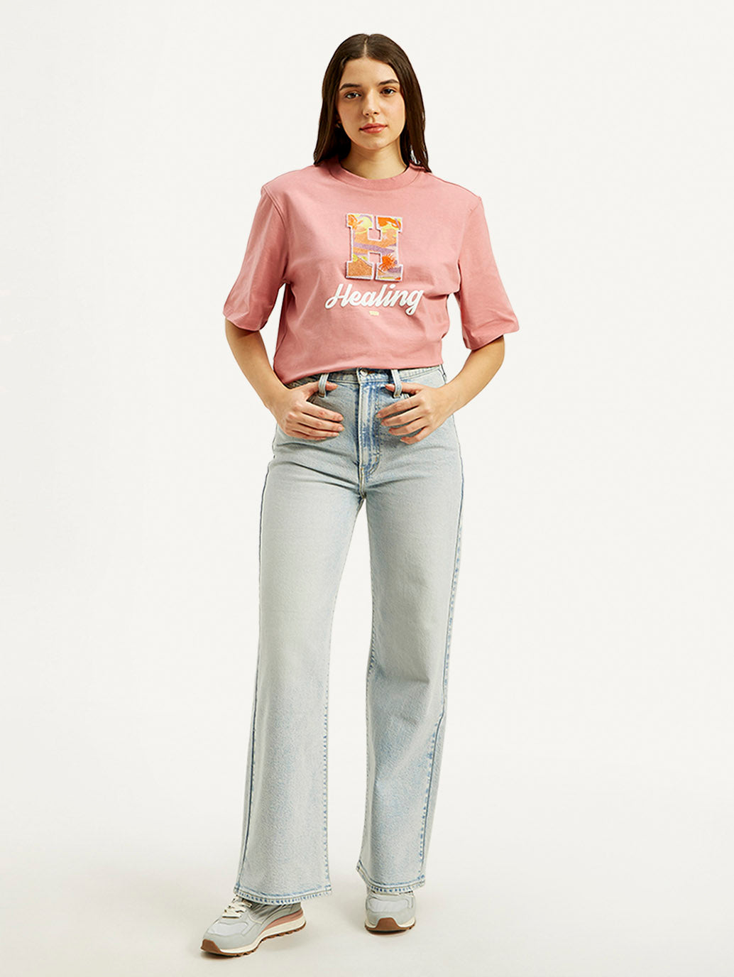 Women's Light Blue Ribcage Bell Bottom Wide Leg Fit High Rise Jeans