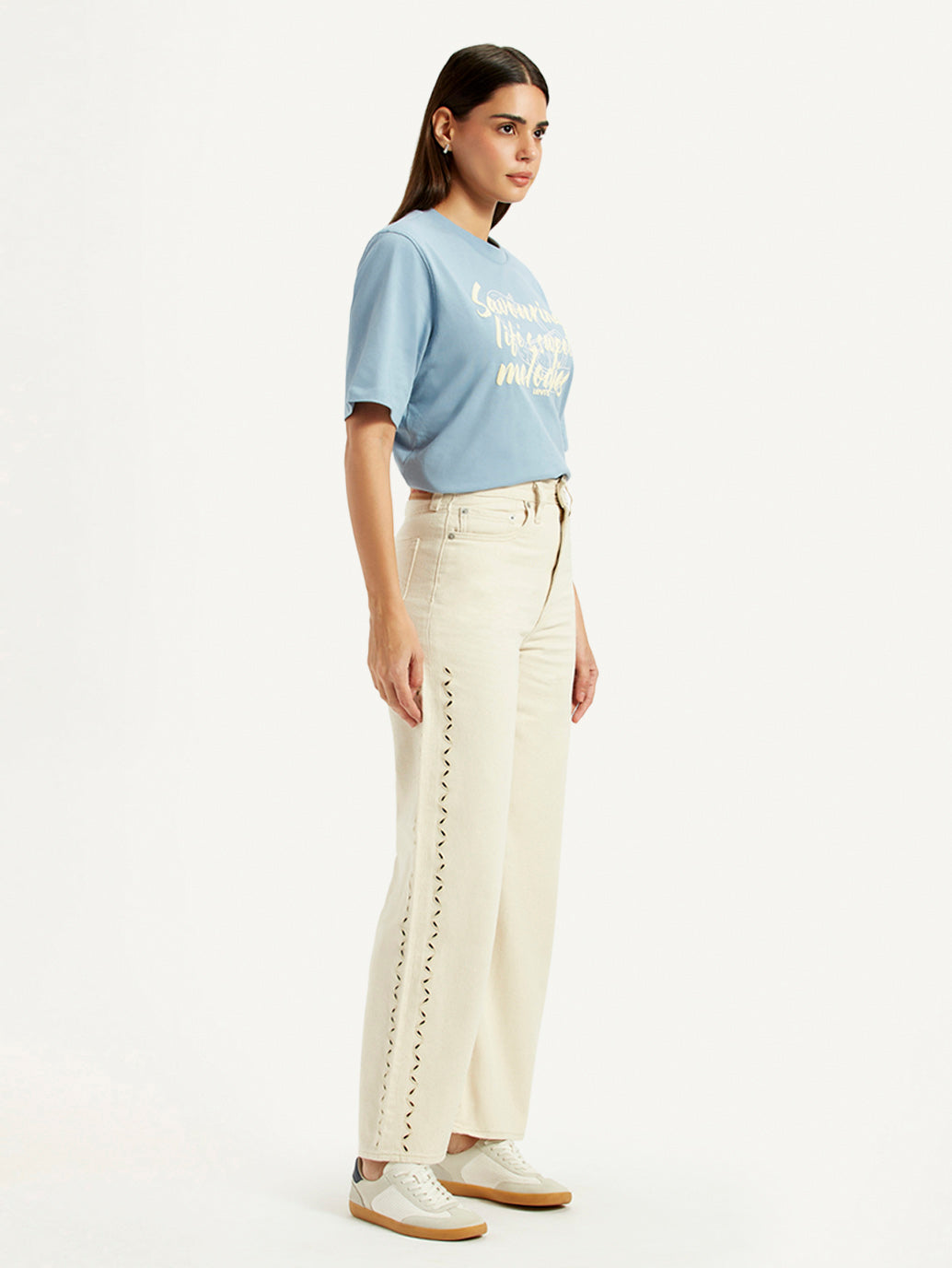 Women's Cream Ribcage Wide Leg Fit High Rise Jeans