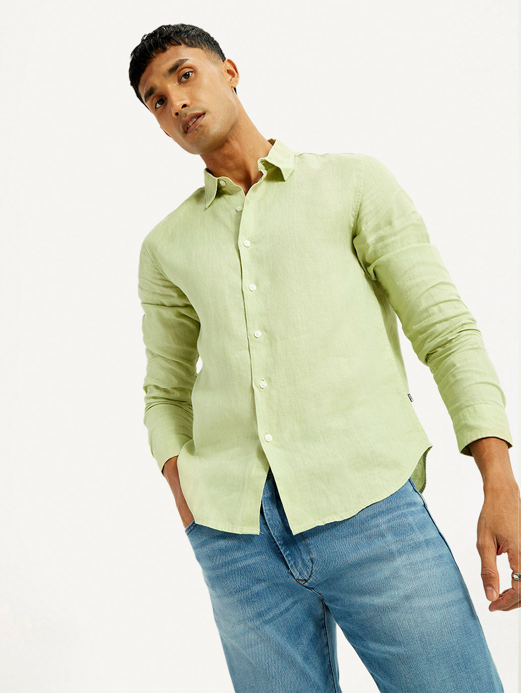 Men's Redloop Solid Light Green Slim Fit Linen Shirt