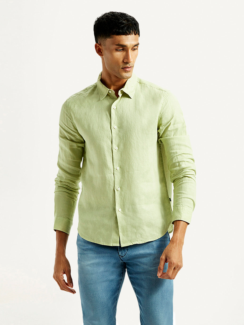Men's Redloop Solid Light Green Slim Fit Linen Shirt