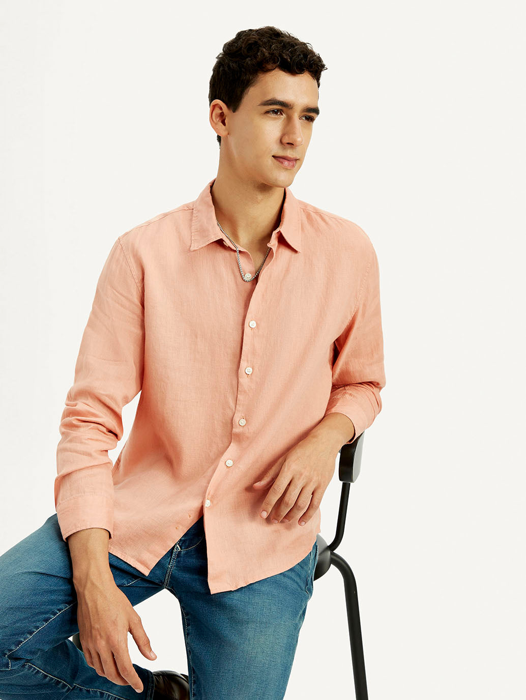 Men's Redloop Solid Peach Slim Fit Linen Shirt