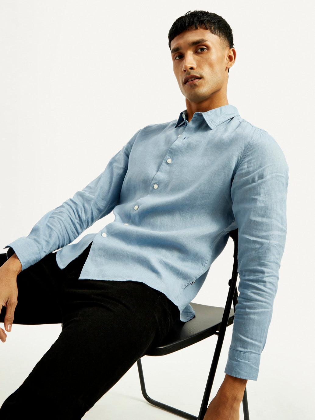 Men's Redloop Solid Light Blue Slim Fit Linen Shirt