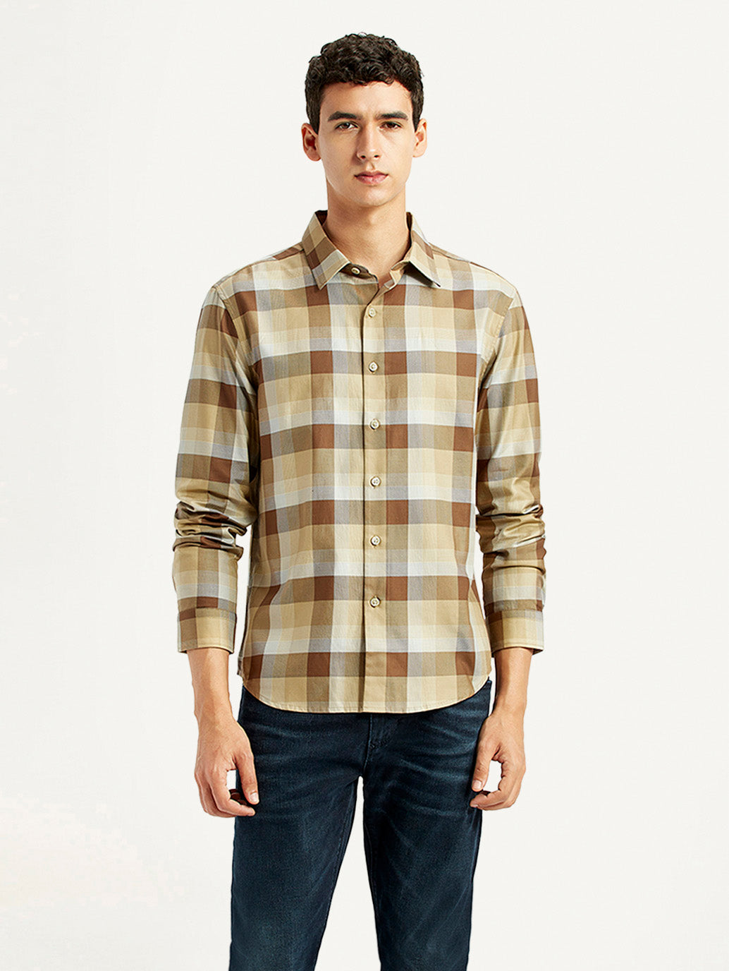 Men's Checkered Light Brown Slim Fit Shirt