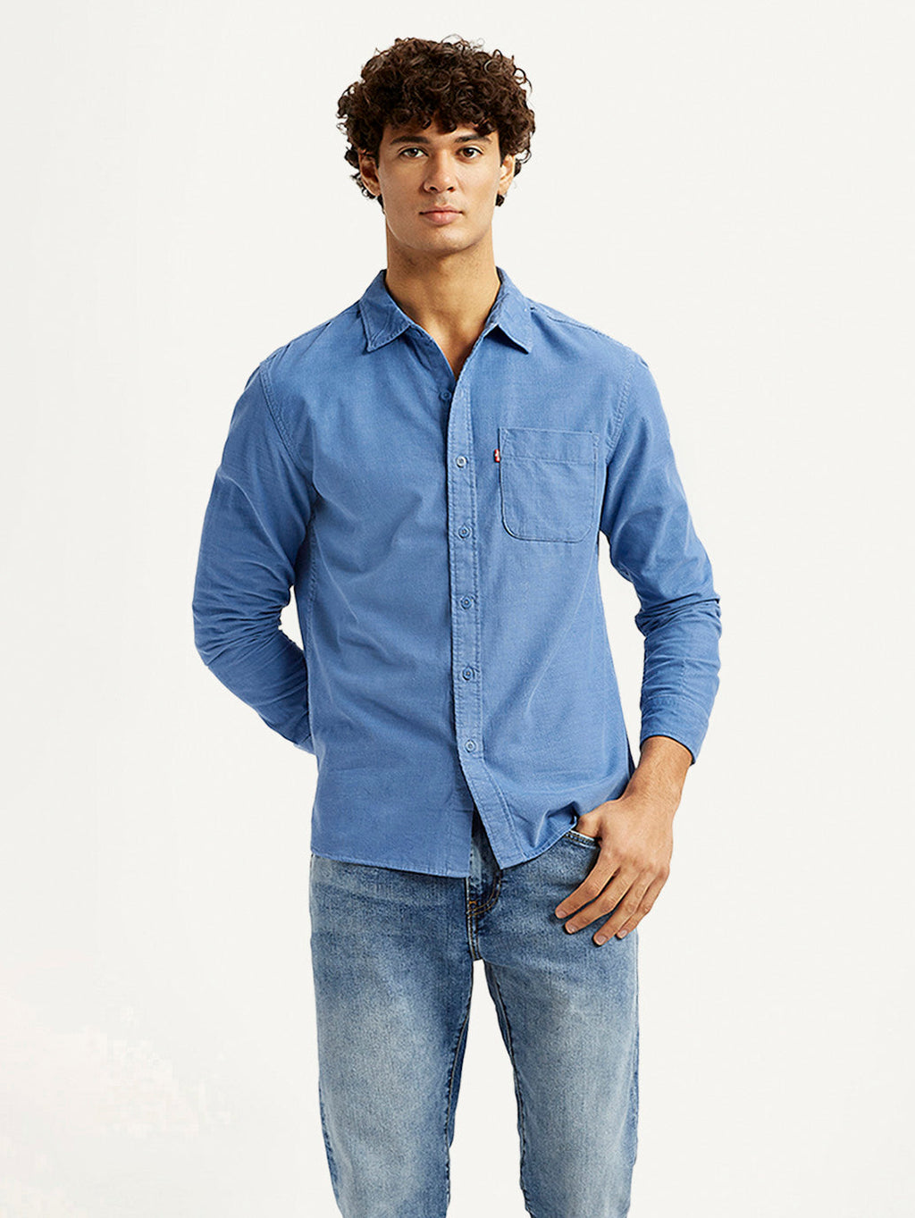 Men's Corduroy Solid Blue Slim Fit Shirt