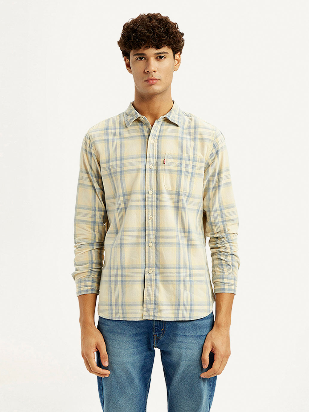 Men's Checkered Light Yellow Slim Fit Corduroy Shirt