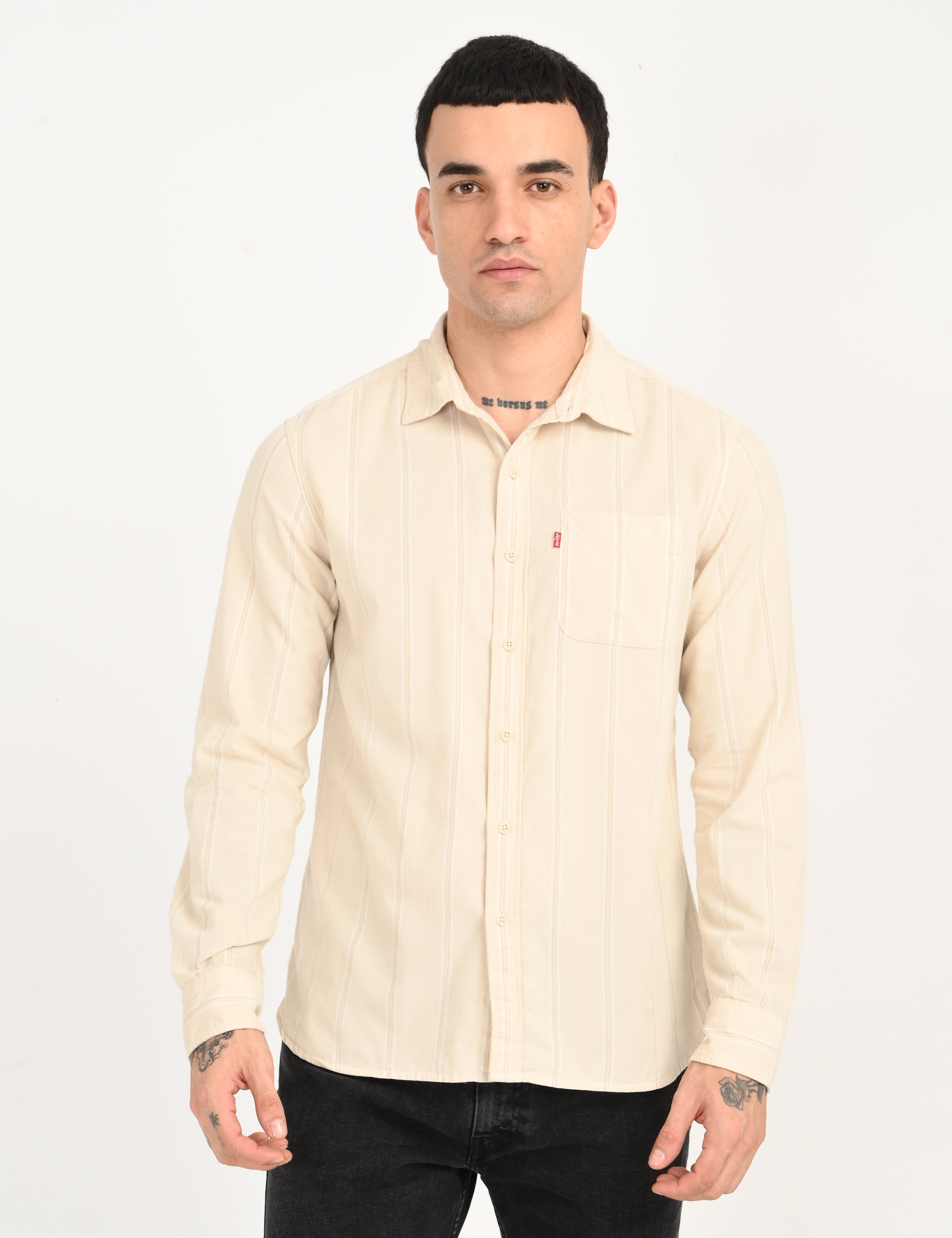 Men's Striped Cream Slim Fit Corduroy Shirt