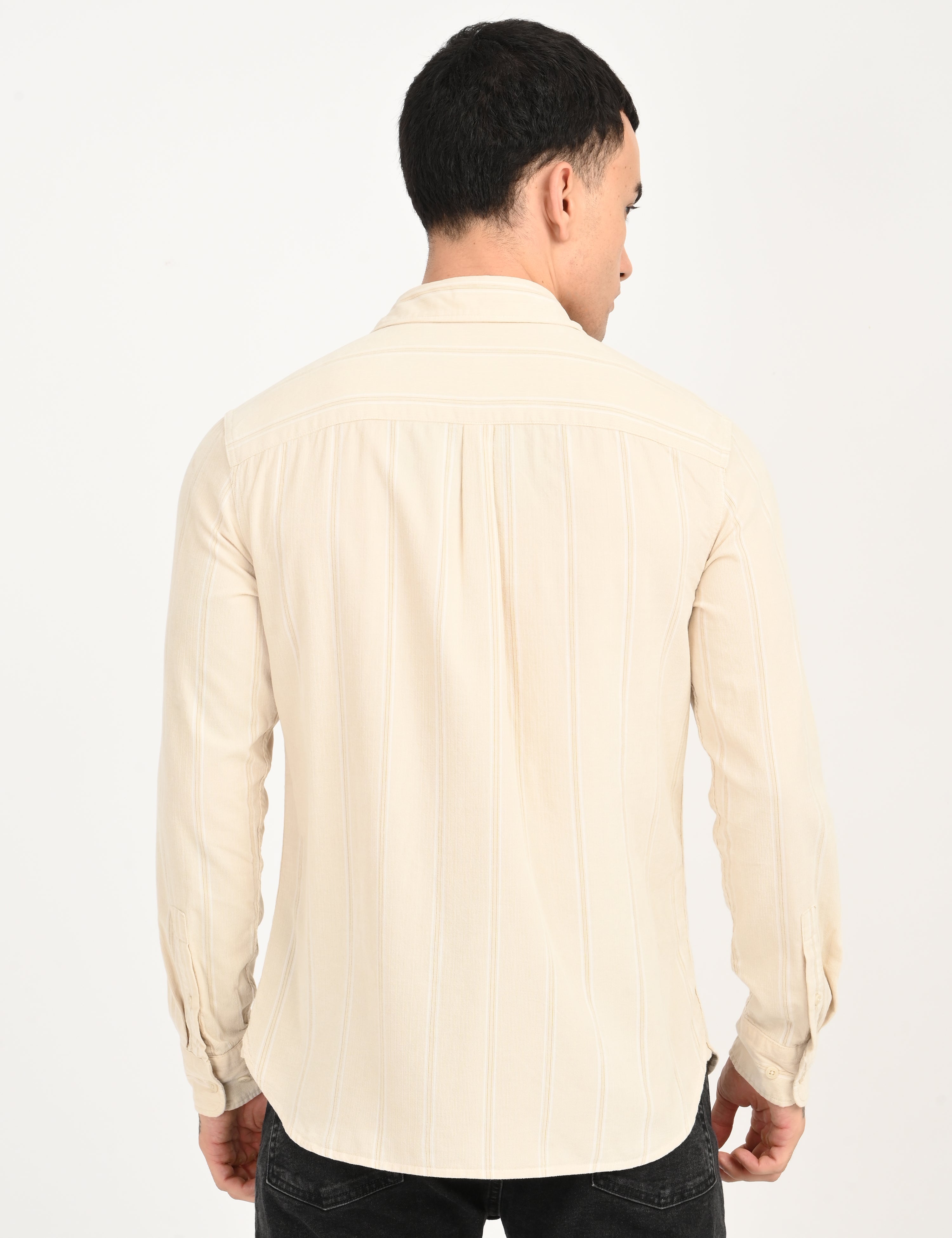 Men's Striped Cream Slim Fit Corduroy Shirt