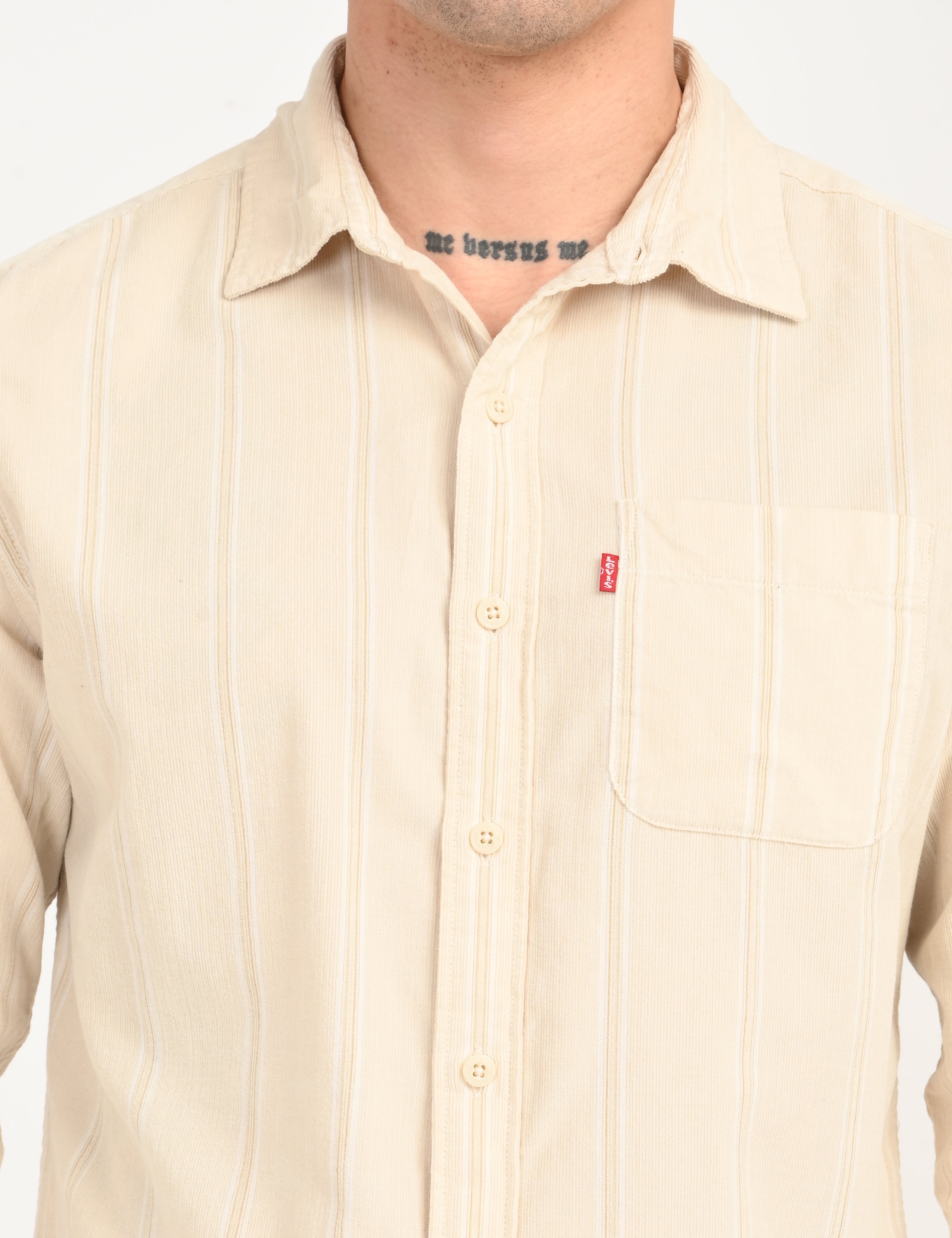 Men's Striped Cream Slim Fit Corduroy Shirt