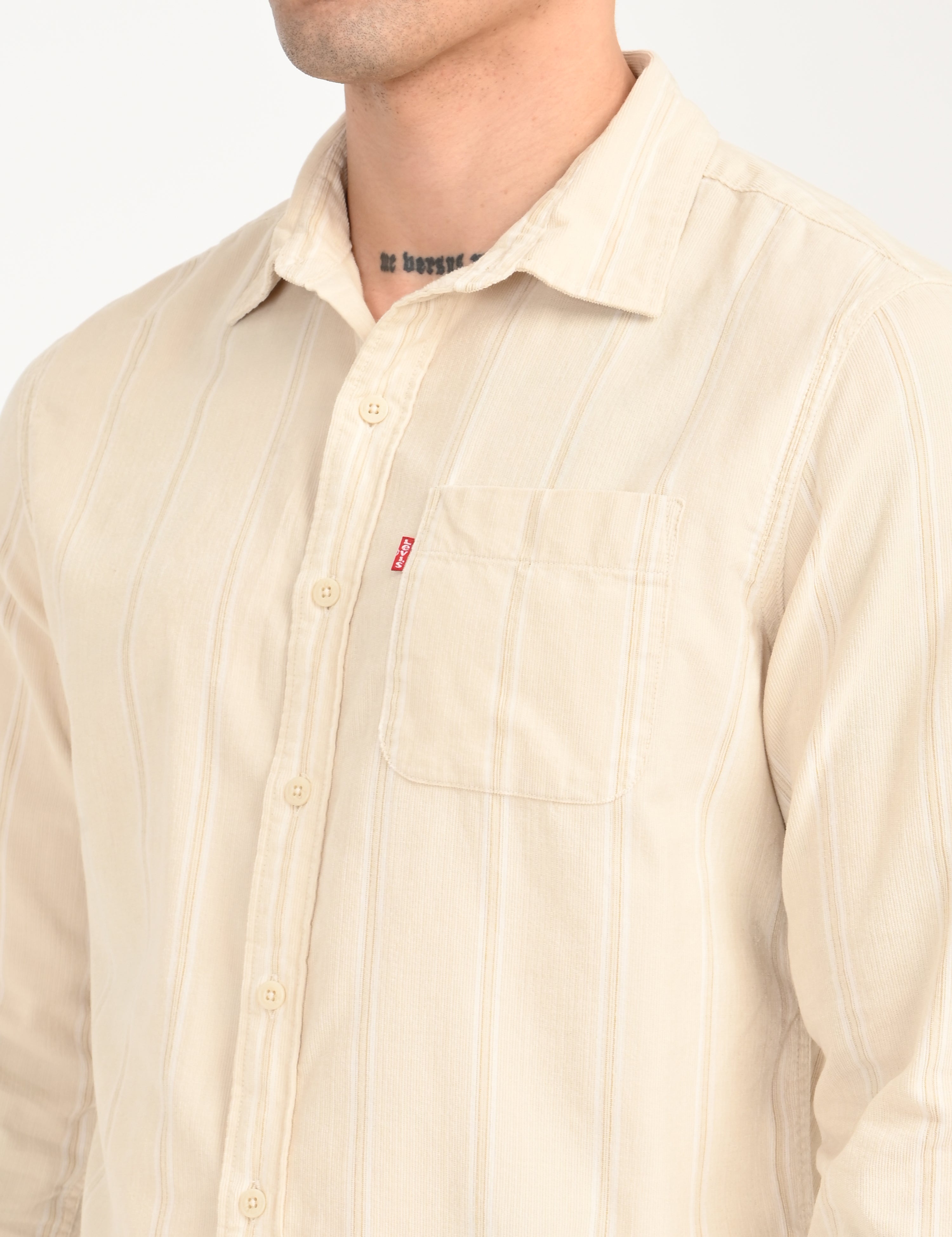 Men's Striped Cream Slim Fit Corduroy Shirt