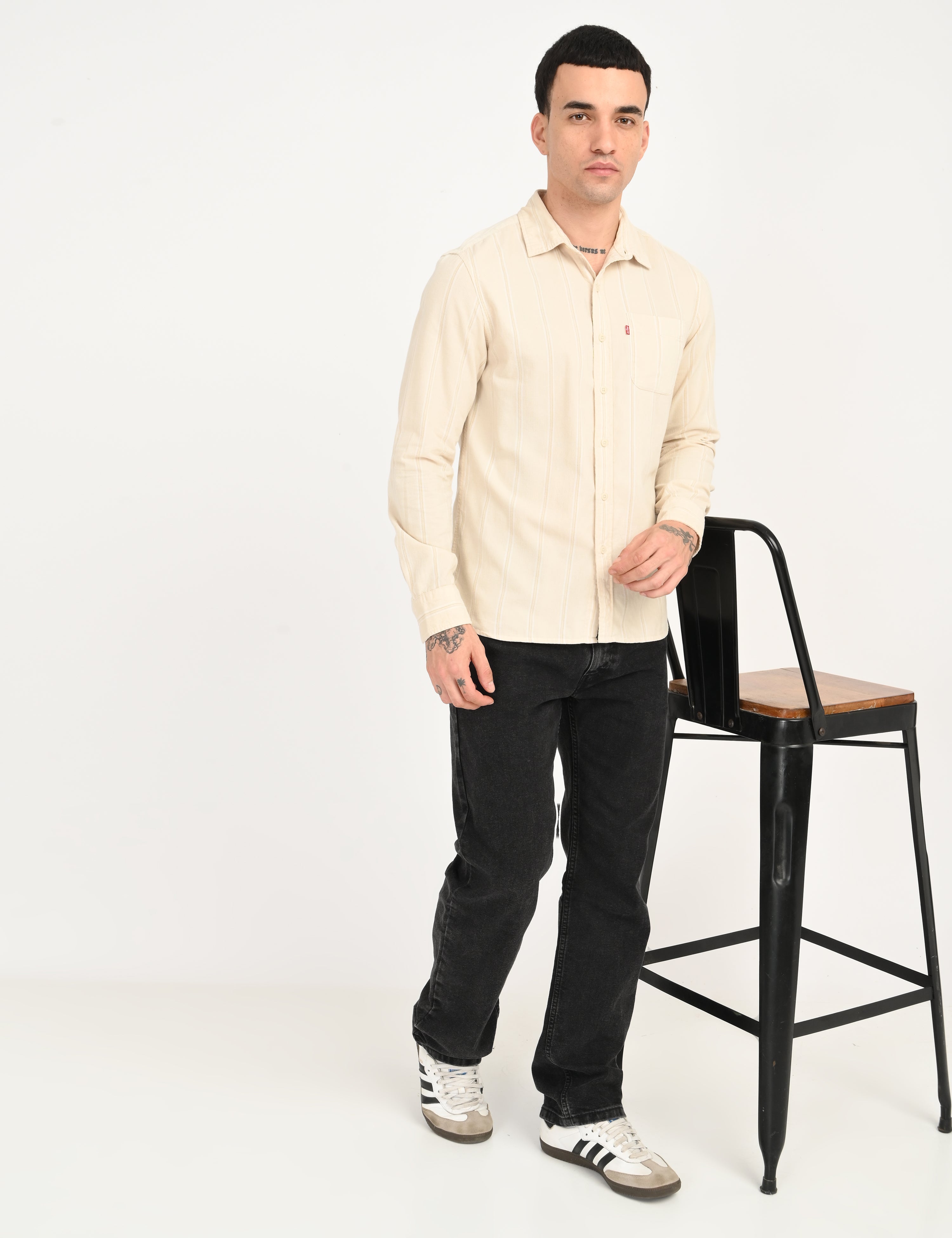 Men's Striped Cream Slim Fit Corduroy Shirt