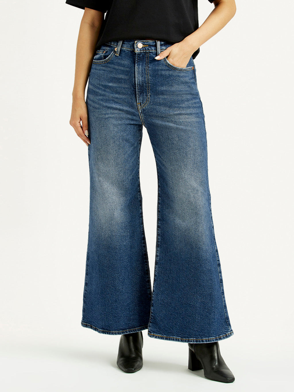 Women's Blue Ribcage Bell Bottom Wide Leg Fit Mid Rise Jeans