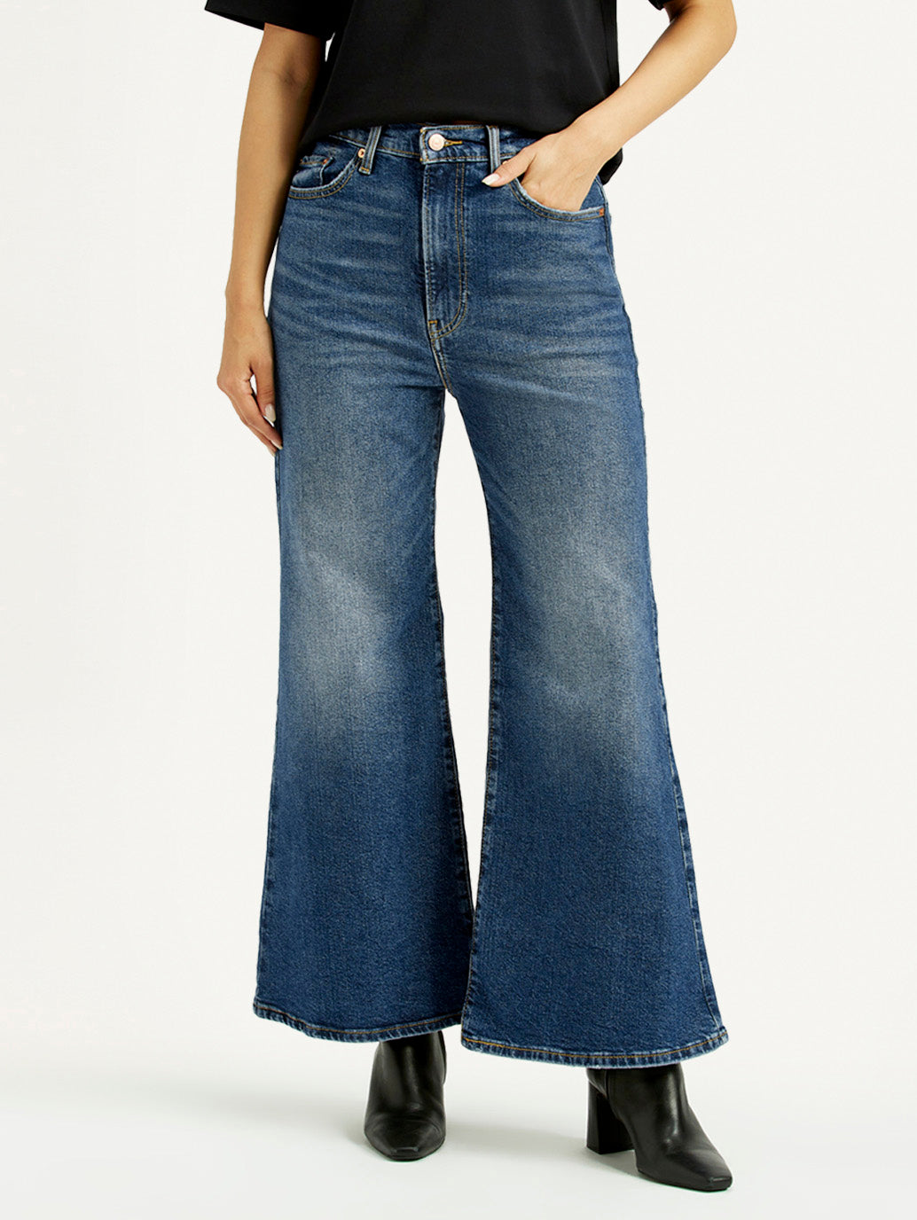 Women's Blue Ribcage Bell Bottom Wide Leg Fit Mid Rise Jeans