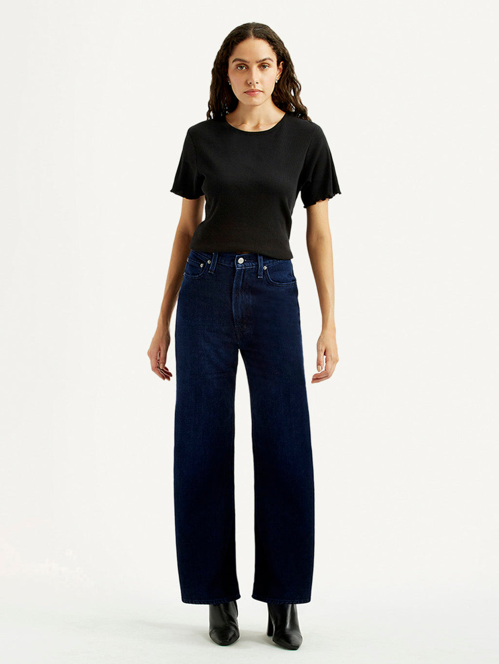 Women's Navy Ribcage Wide Leg Fit Bell Bottom High Rise Jeans