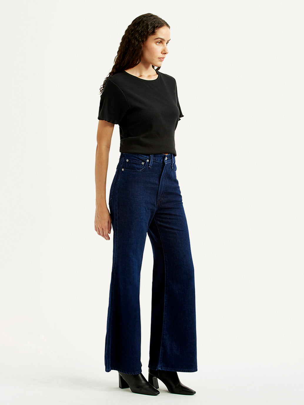 Women's Navy Ribcage Wide Leg Fit Bell Bottom High Rise Jeans
