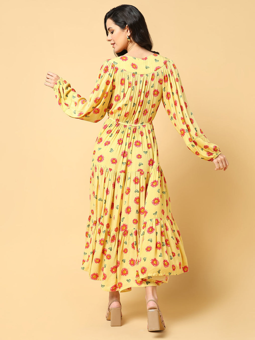 Women's Yellow Floral Print Puff Sleeve Crepe Fit & Flare Midi Dress