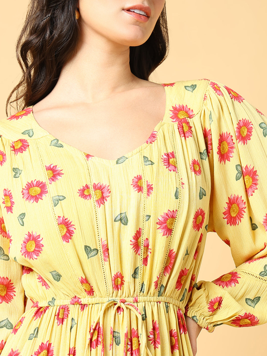 Women's Yellow Floral Print Puff Sleeve Crepe Fit & Flare Midi Dress
