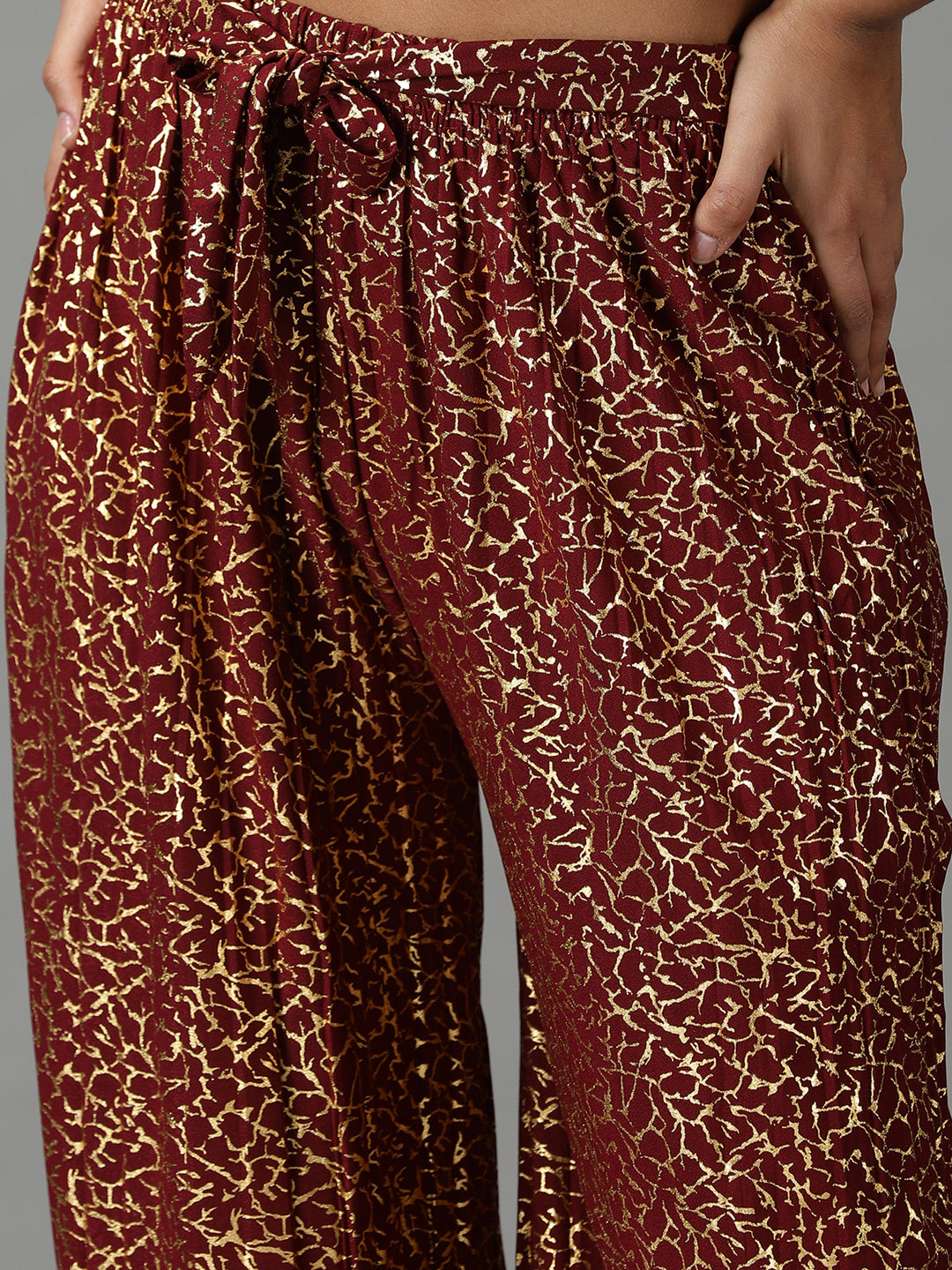Women's Maroon Printed Relaxed Straight Fit Culottes Trousers