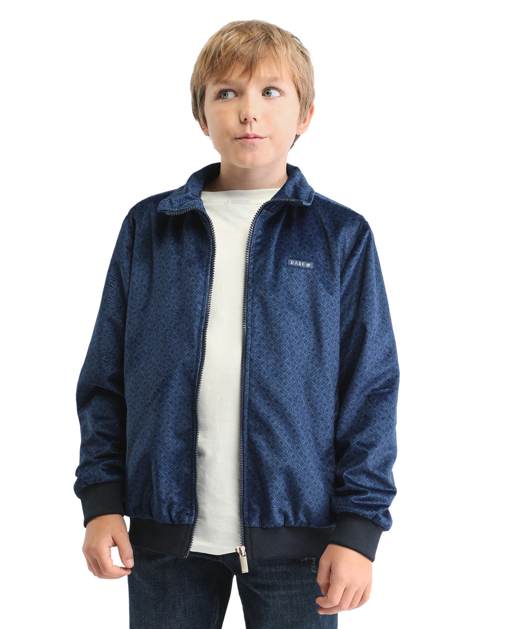 Rare Ones Kids Adi Dark Blue Polyester Zipper Closure Flat Collar Printed Full Sleeves Slim Fit Jacket
