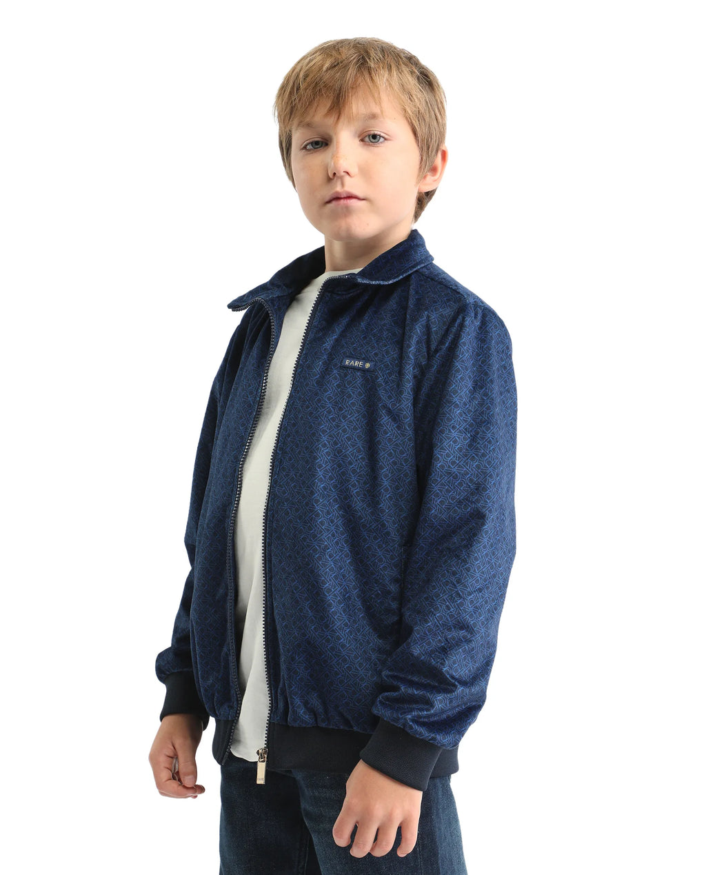 Rare Ones Kids Adi Dark Blue Polyester Zipper Closure Flat Collar Printed Full Sleeves Slim Fit Jacket