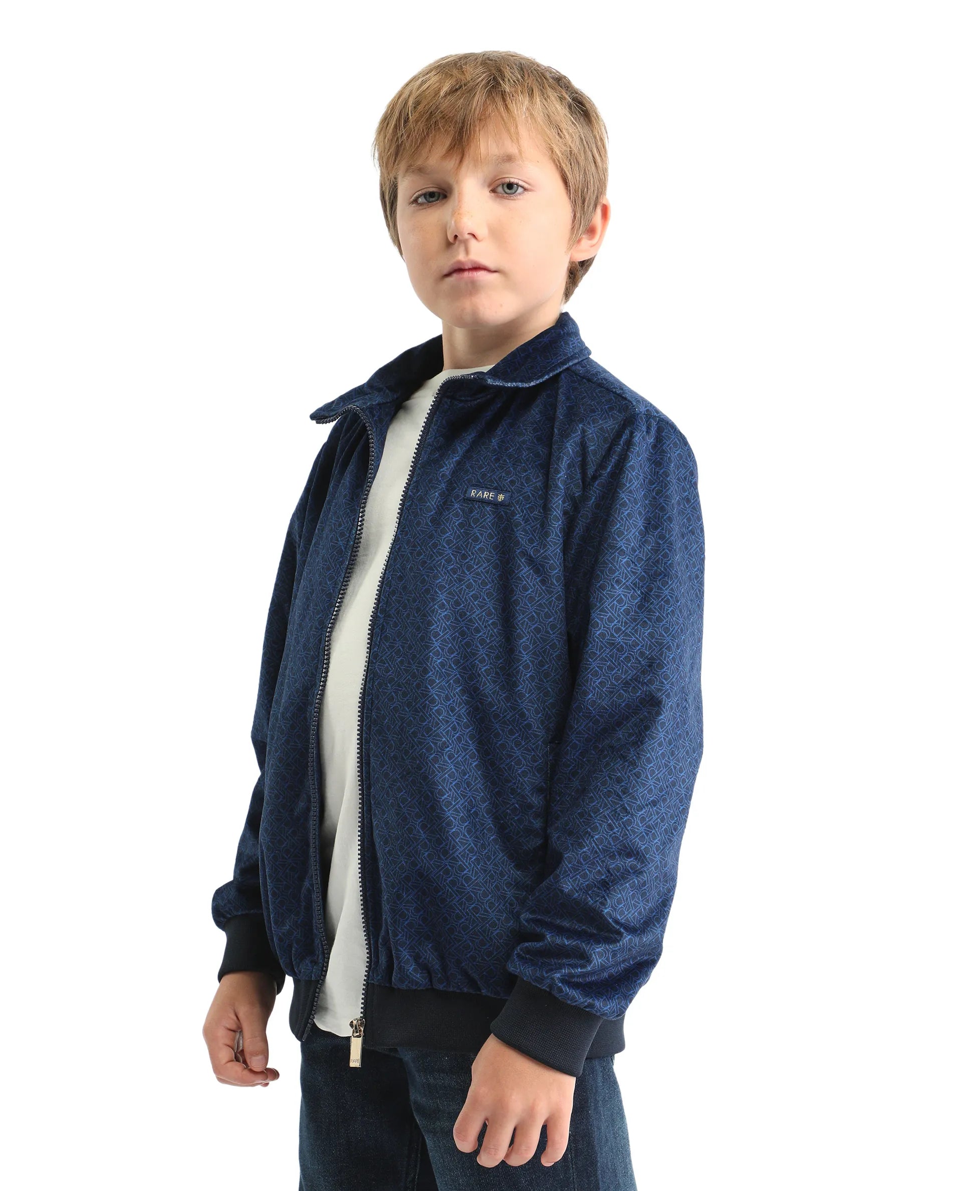 Rare Ones Kids Adi Dark Blue Polyester Zipper Closure Flat Collar Printed Full Sleeves Slim Fit Jacket