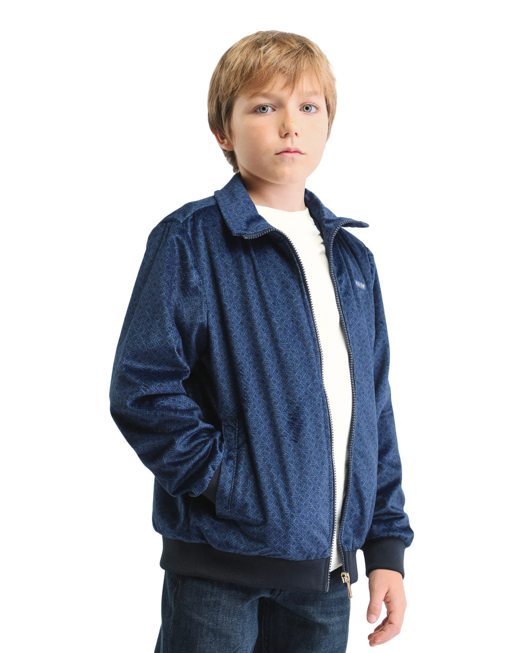 Rare Ones Kids Adi Dark Blue Polyester Zipper Closure Flat Collar Printed Full Sleeves Slim Fit Jacket