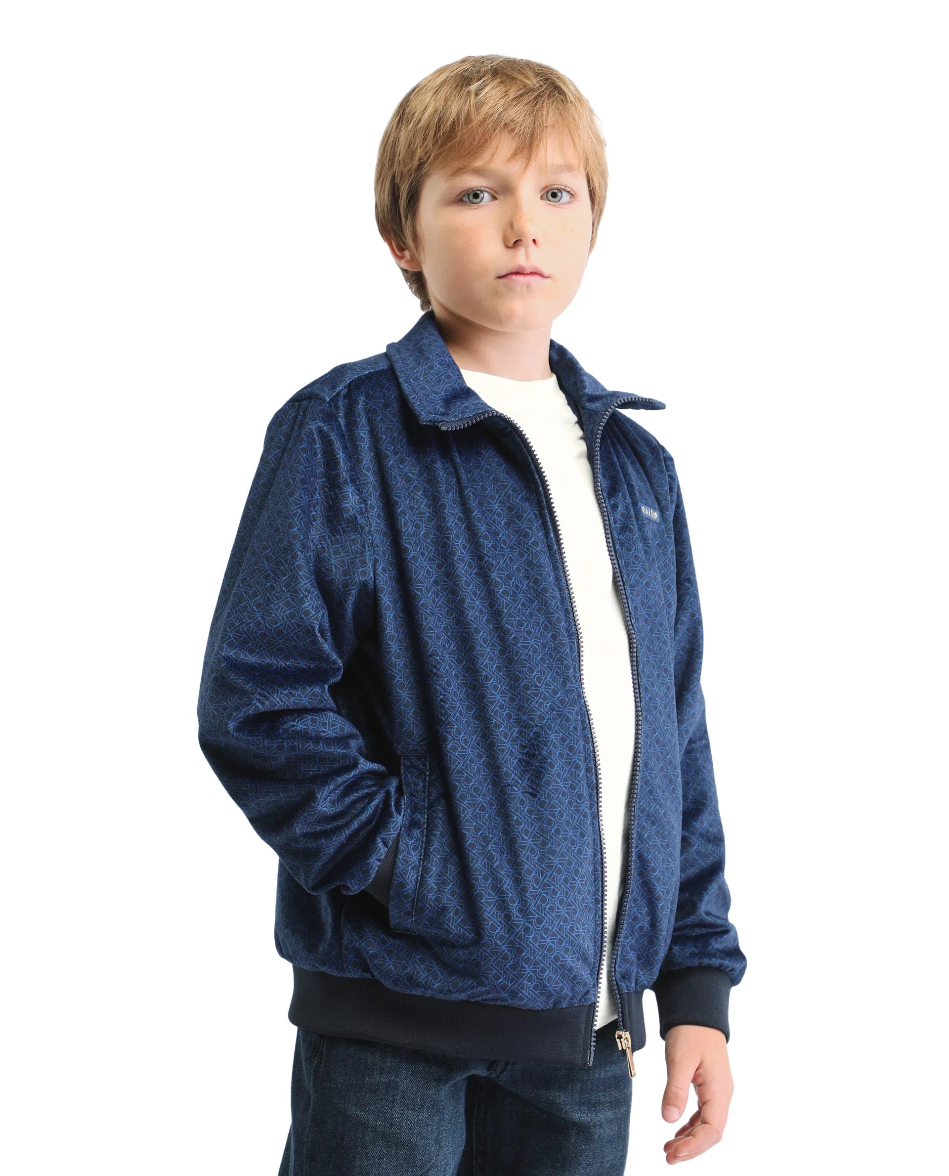 Rare Ones Kids Adi Dark Blue Polyester Zipper Closure Flat Collar Printed Full Sleeves Slim Fit Jacket