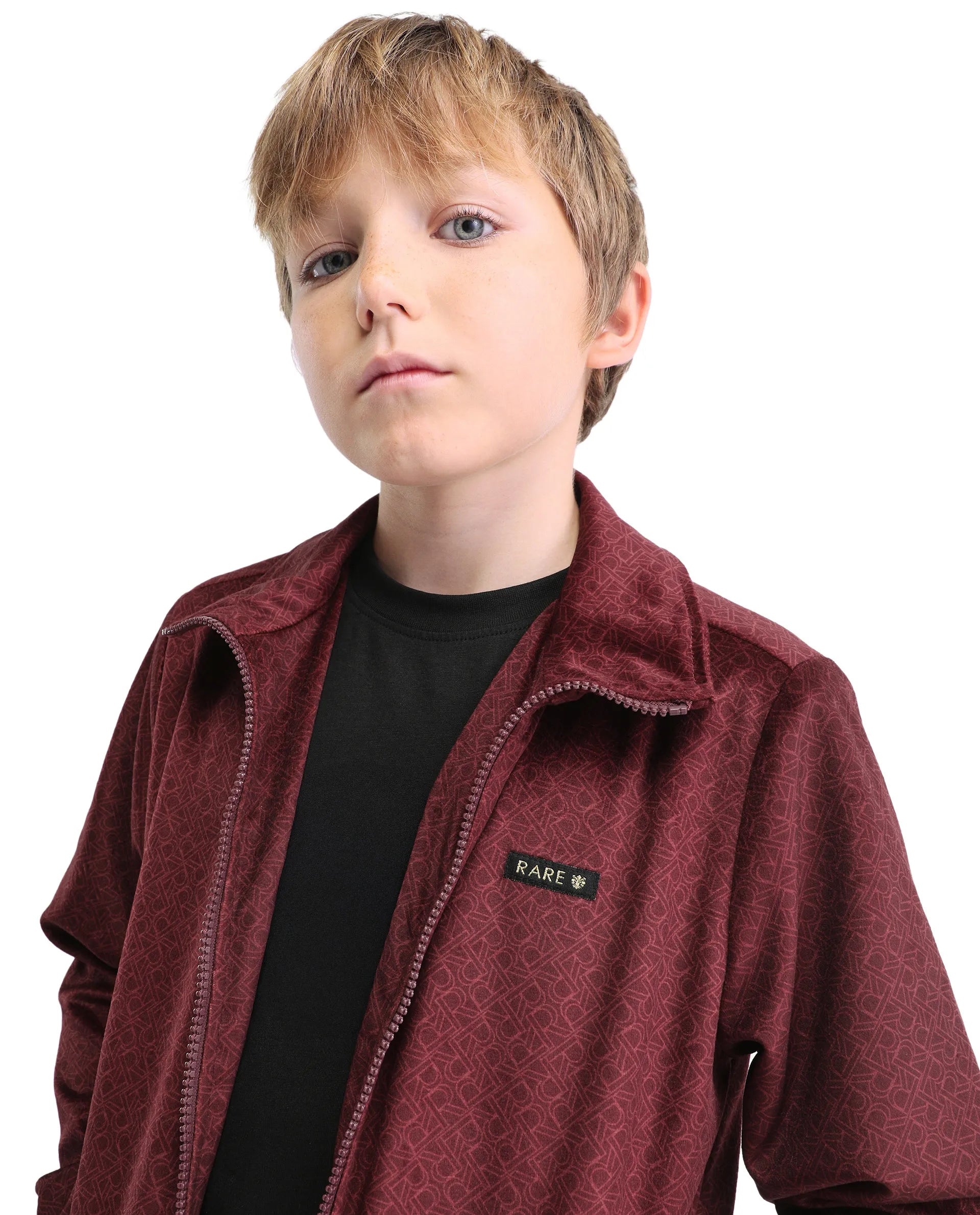 Rare Ones Kids Adi Maroon Polyester Zipper Closure Flat Collar Monogram Printed Full Sleeves Slim Fit Jacket