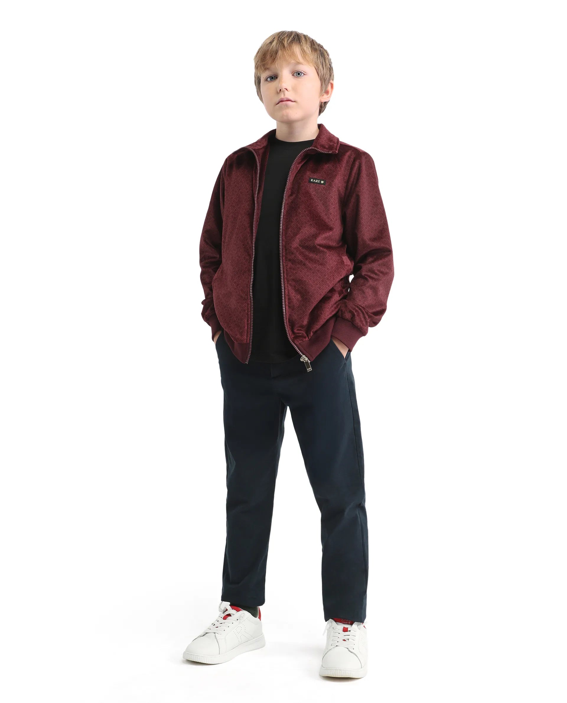Rare Ones Kids Adi Maroon Polyester Zipper Closure Flat Collar Monogram Printed Full Sleeves Slim Fit Jacket