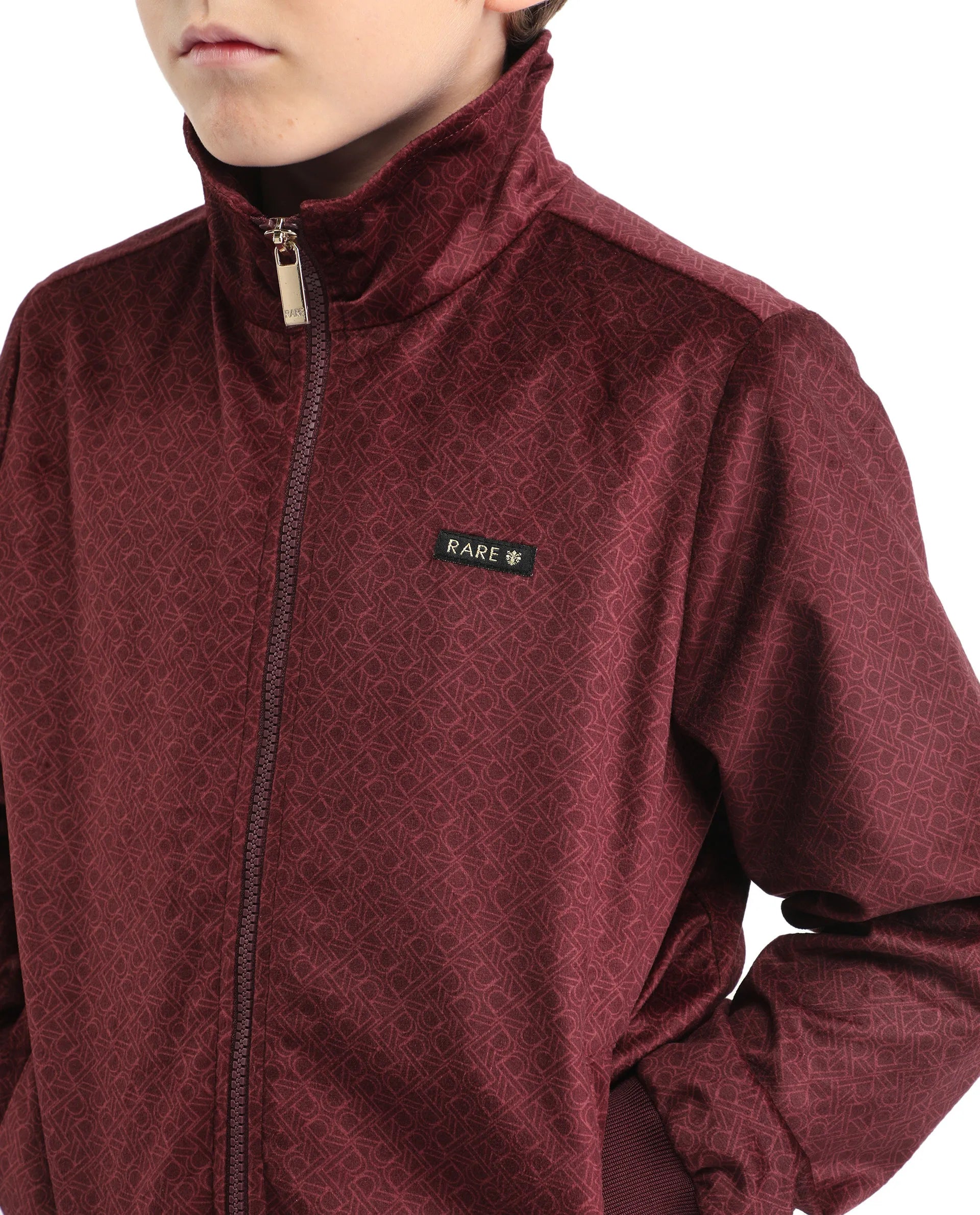 Rare Ones Kids Adi Maroon Polyester Zipper Closure Flat Collar Monogram Printed Full Sleeves Slim Fit Jacket