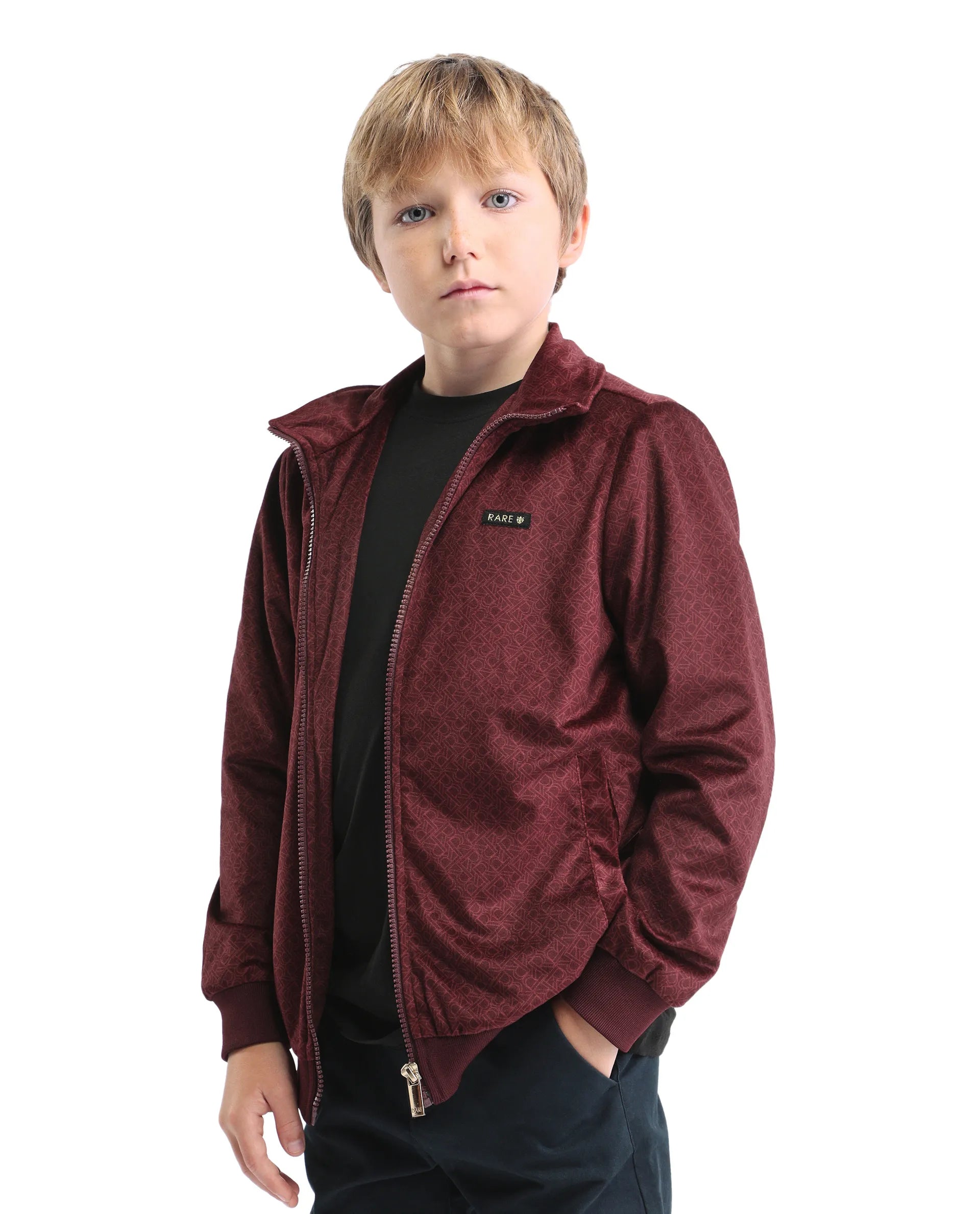 Rare Ones Kids Adi Maroon Polyester Zipper Closure Flat Collar Monogram Printed Full Sleeves Slim Fit Jacket