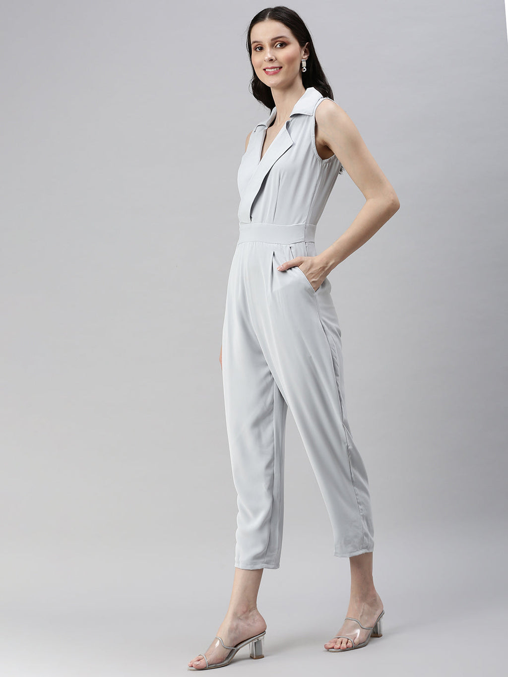 Women's Grey Shawl Neck Basic Jumpsuit