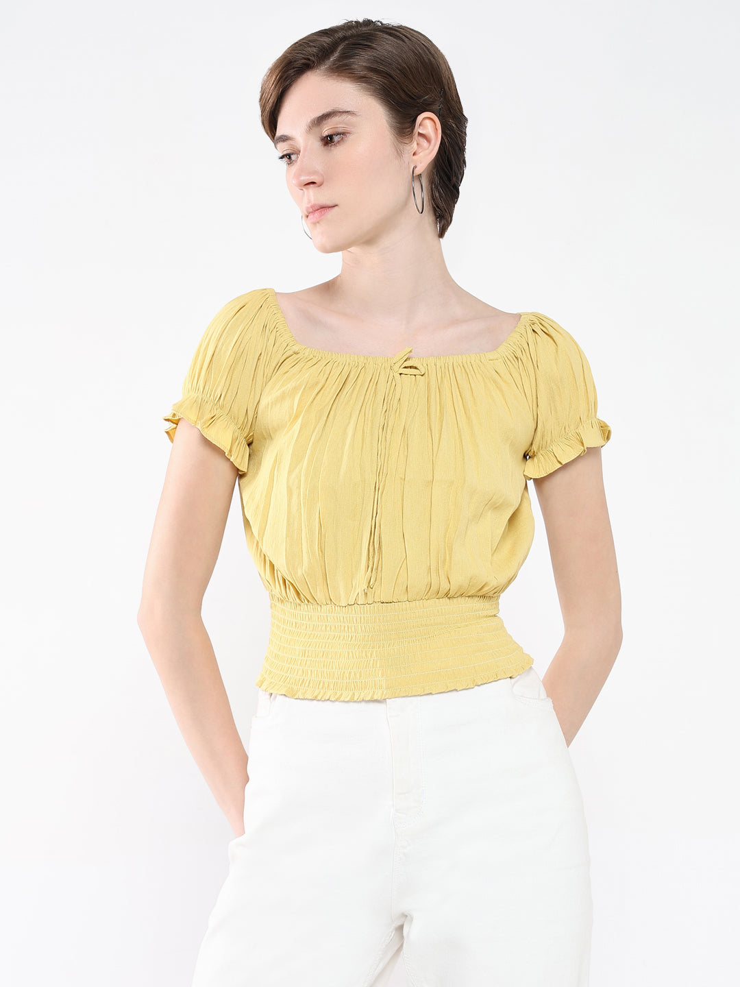 Women's Yellow Off-Shoulder Smocked Bardot Top