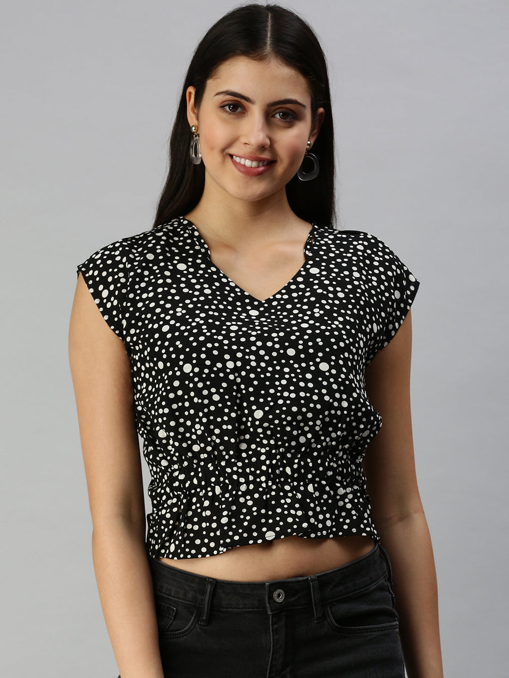 Women's Black Print Sweetheart Neck Extended Sleeves Georgette Cinched Waist Top