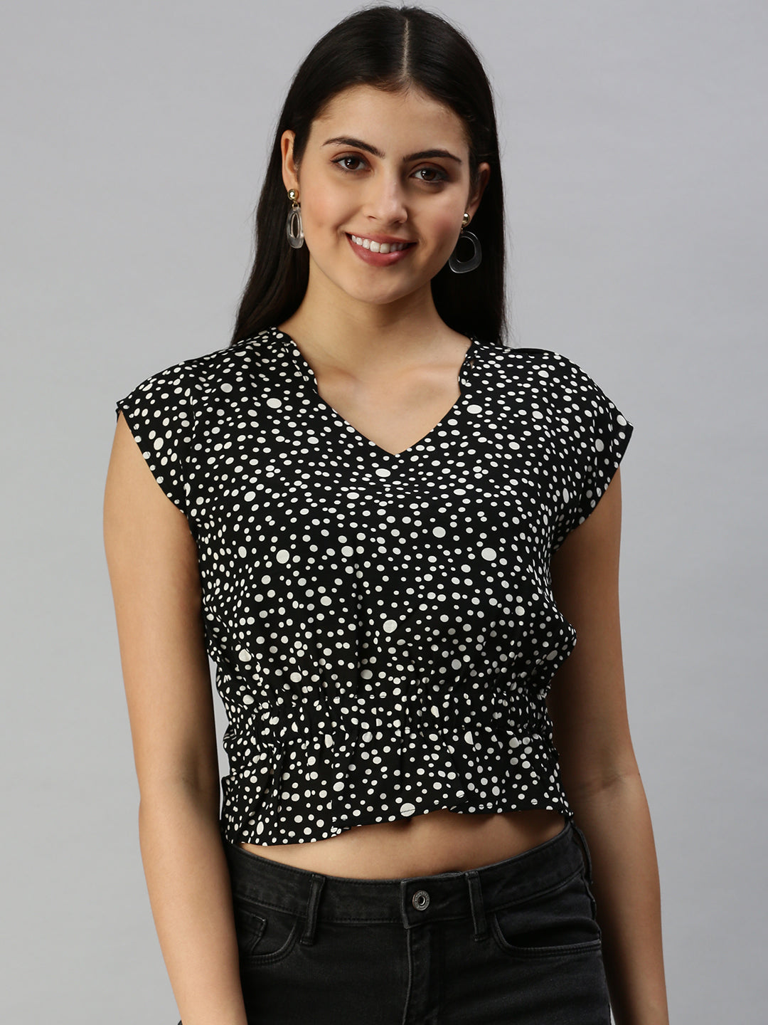 Women's Black Print Sweetheart Neck Extended Sleeves Georgette Cinched Waist Top