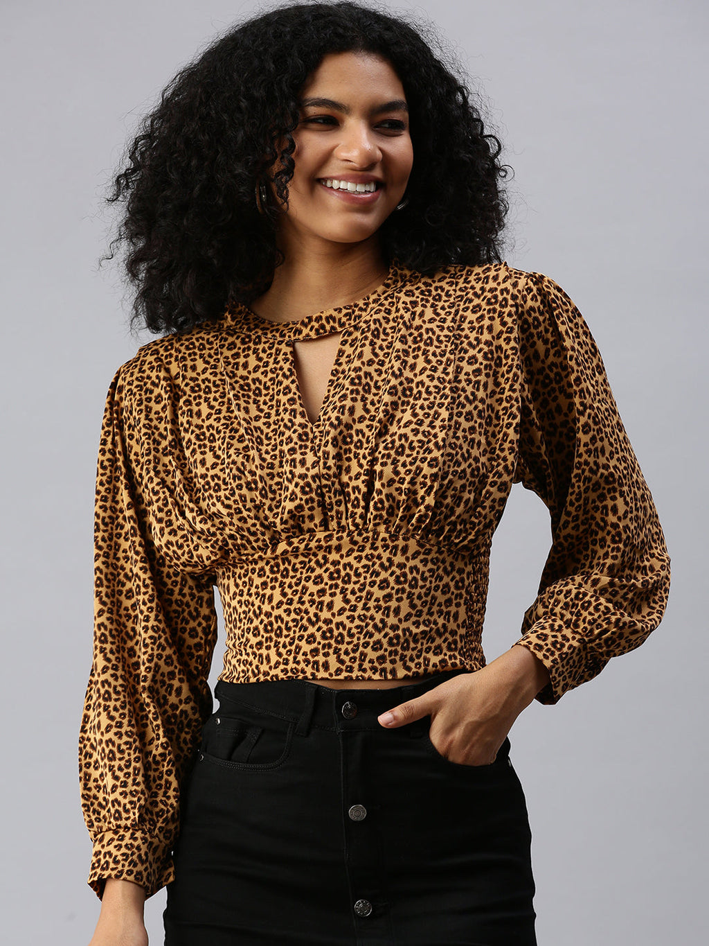 Women's Brown Animal Print Keyhole Neck Crepe Bardot Top