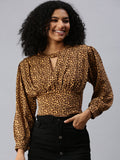 Women's Brown Animal Print Keyhole Neck Crepe Bardot Top