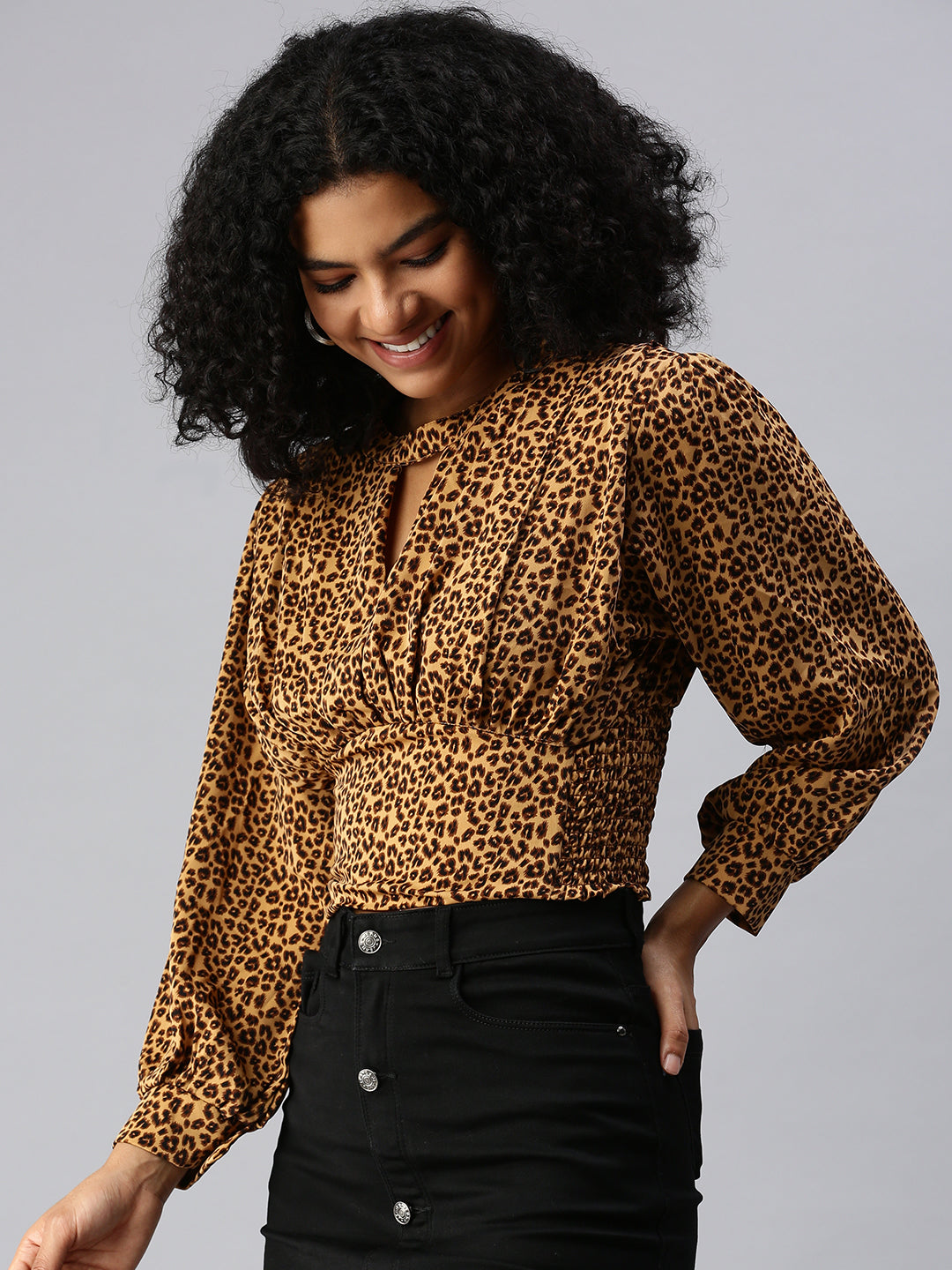 Women's Brown Animal Print Keyhole Neck Crepe Bardot Top
