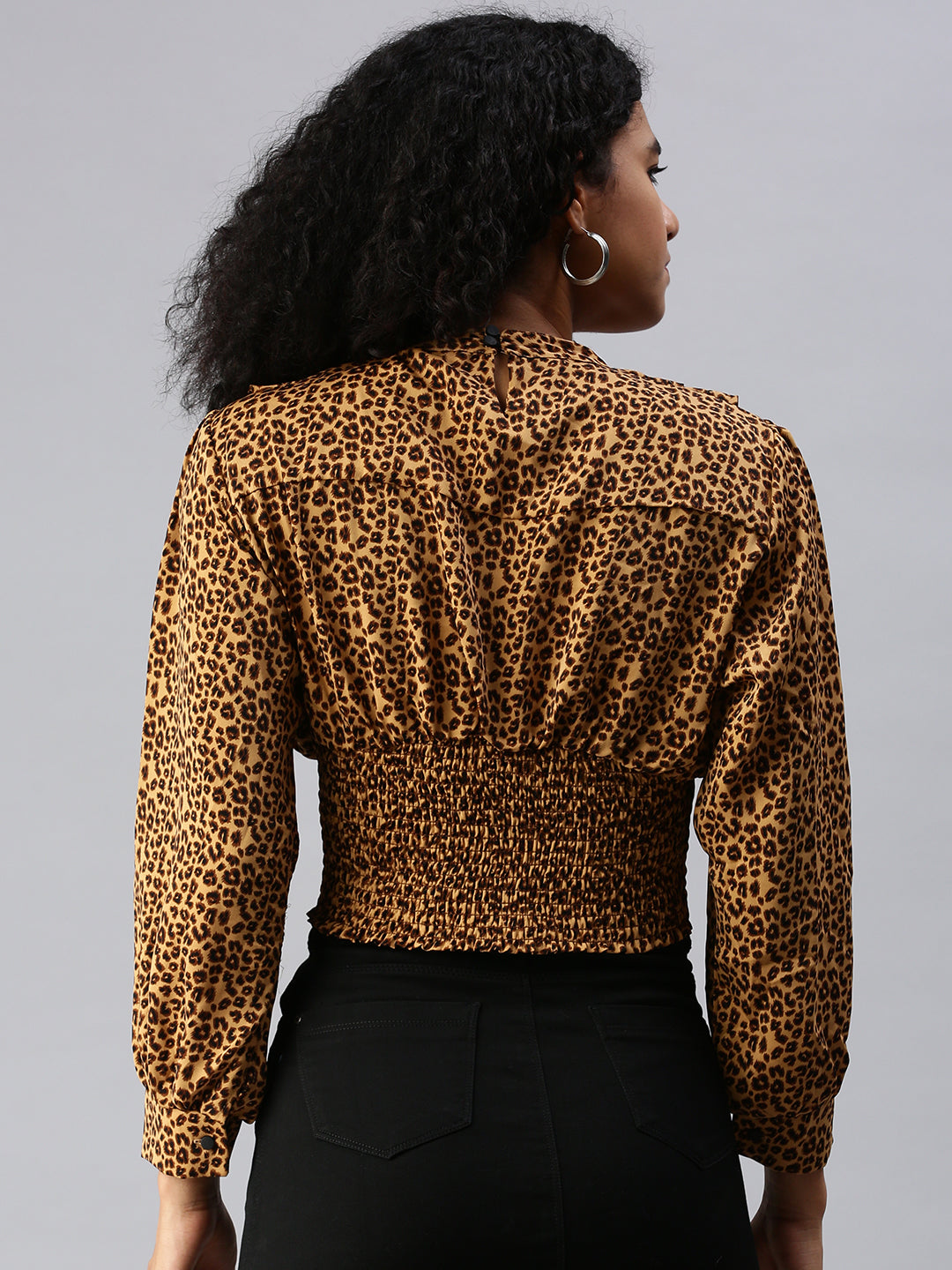 Women's Brown Animal Print Keyhole Neck Crepe Bardot Top