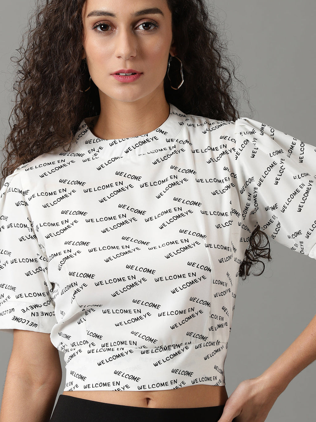 Women's White Typography Printed High Neck Crop Top