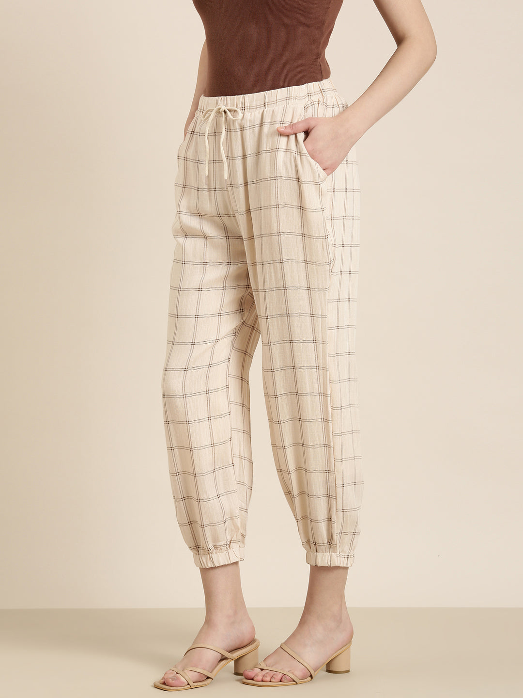 Women's Cream Checked Relaxed Flared High-Rise Culottes