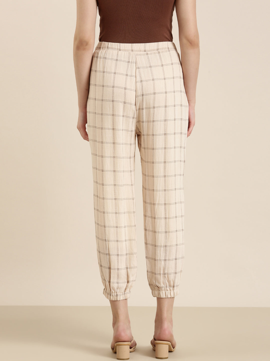 Women's Cream Checked Relaxed Flared High-Rise Culottes