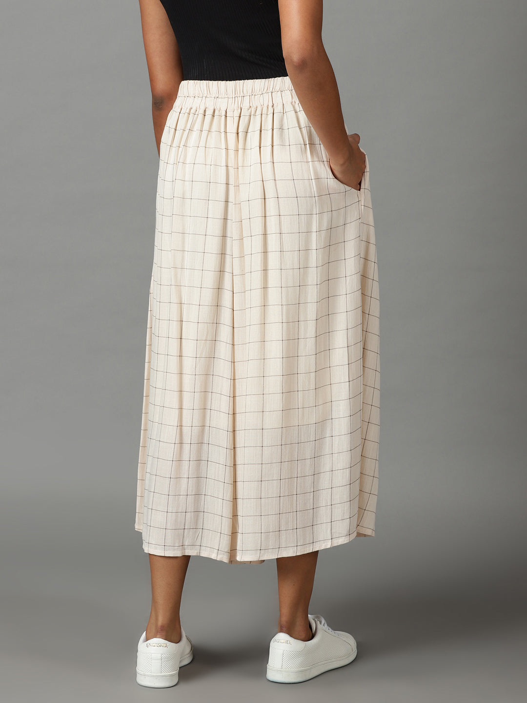 Women's Cream Checked Relaxed Flared High-Rise Linen Culottes