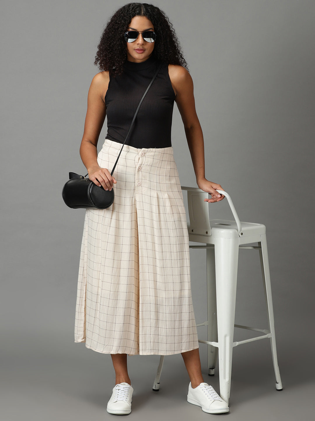 Women's Cream Checked Relaxed Flared High-Rise Linen Culottes