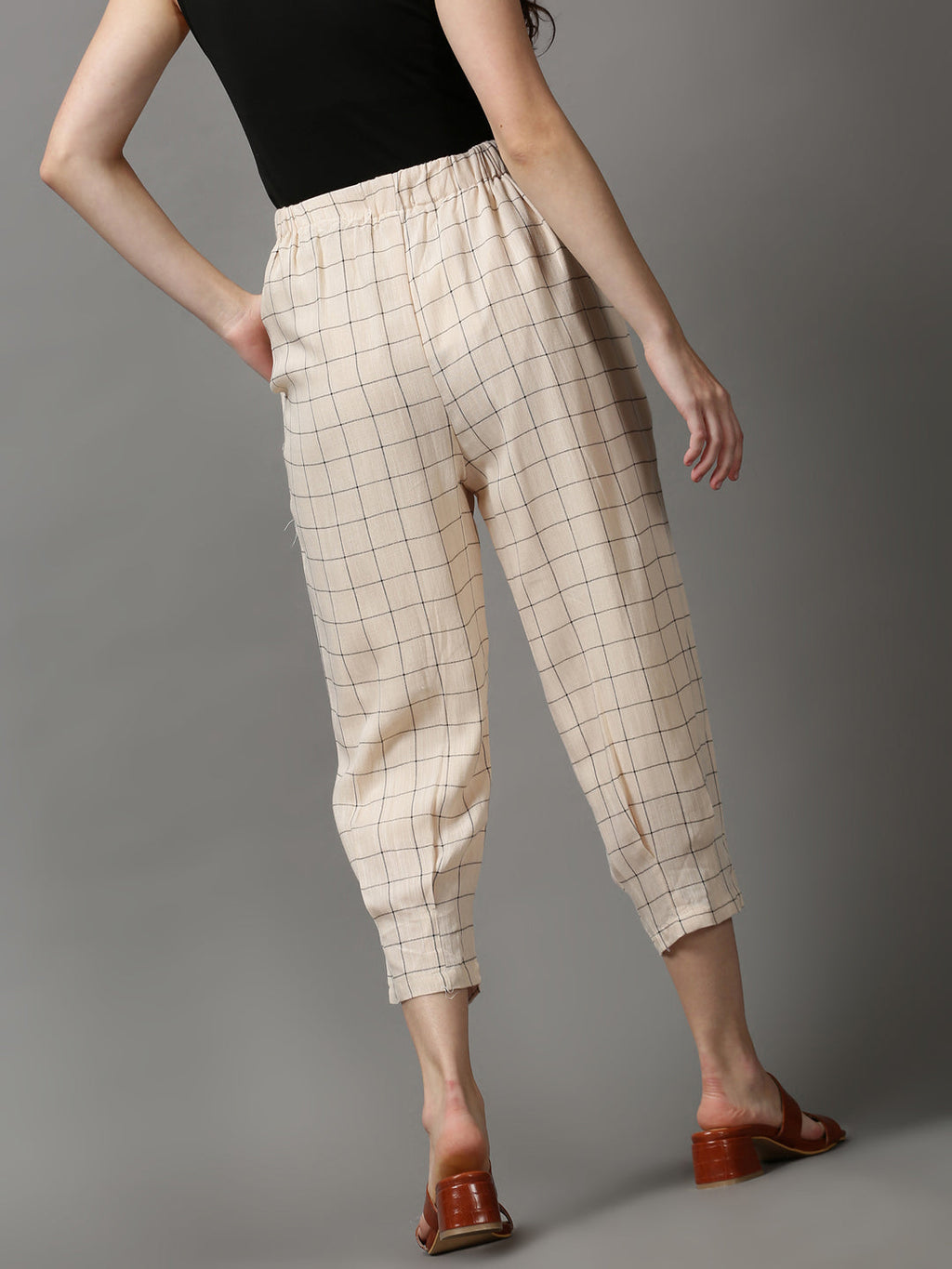 Women's Cream Checked Trousers