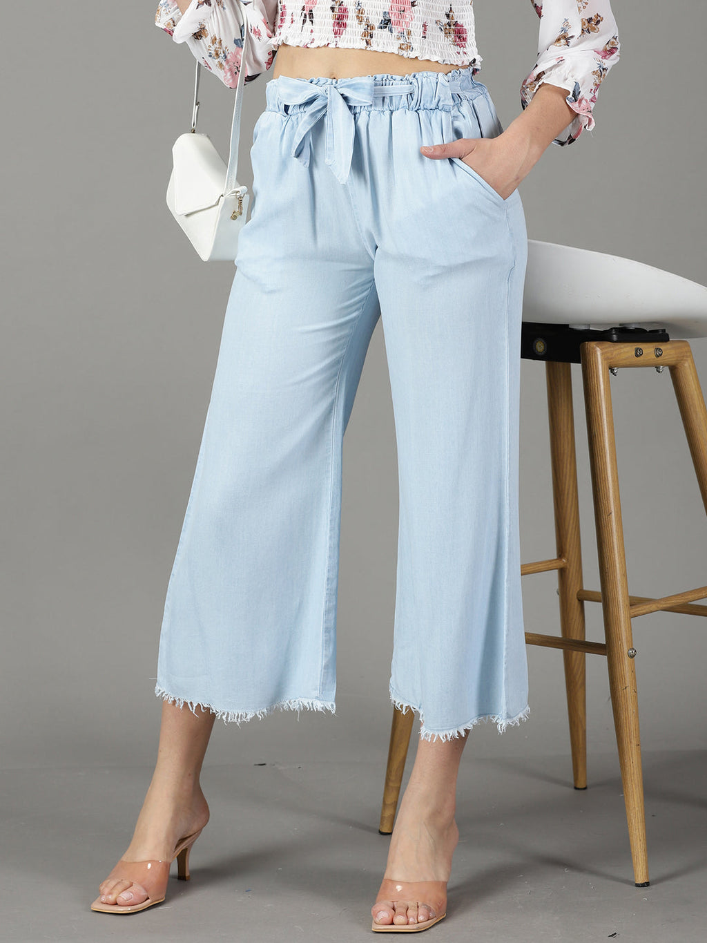Women's Blue Relaxed Straight Fit High-Rise Denim Culottes